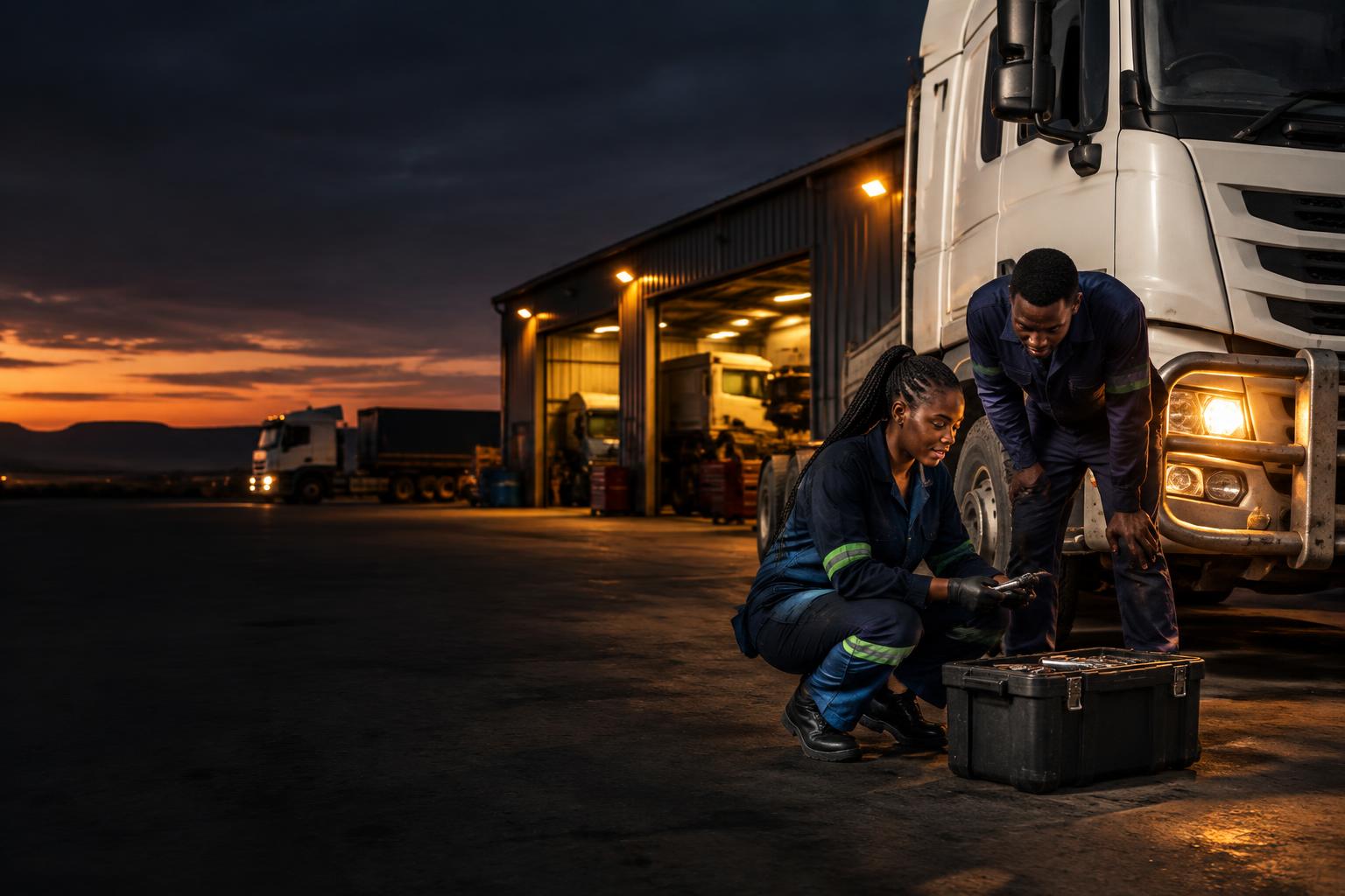 Fleet technicians working beside a truck at a transport workshop